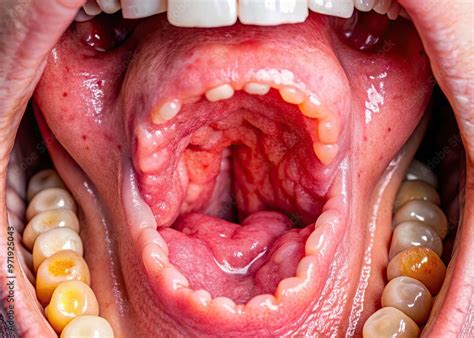 Vibrant close-up of healthy tonsils, showcasing their natural pinkish-white color and ...