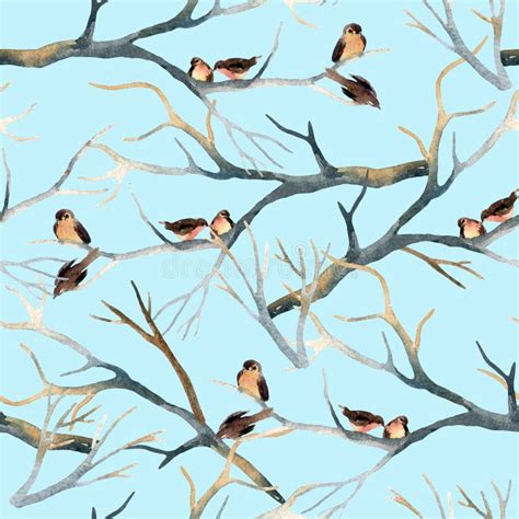 Watercolor Birds on the Tree Branches Stock Illustration - Illustration ...