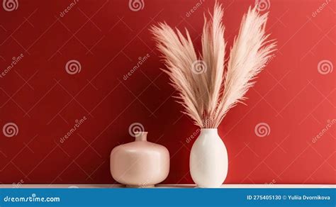 Vase with Decorative Plant Branch Against Red Wall Background ...
