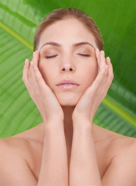Woman, Skincare and Eyes Closed with Beauty, Leaves or Sustainability for Organic Cosmetics ...