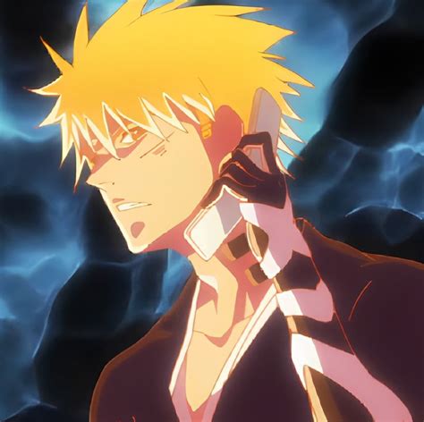 an anime character with blonde hair and black eyes holding a cell phone to his ear