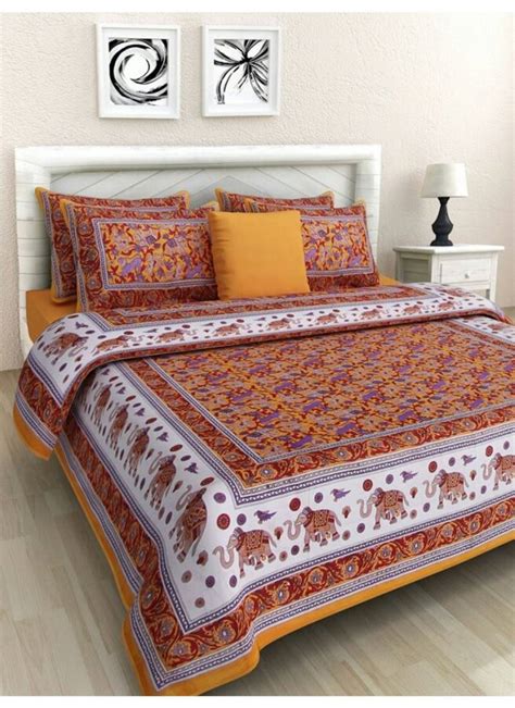 Indian Cotton Print Queen Size Cotton Bedding Bedsheet With 2 Pillow ...