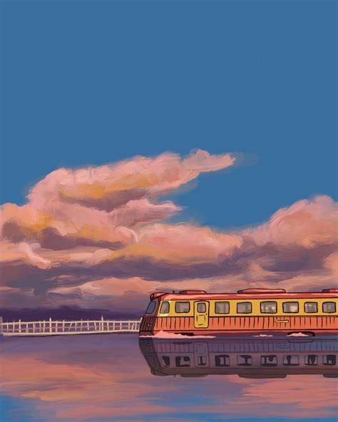 a painting of a train on the water