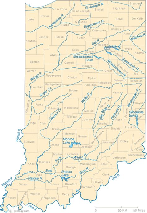 Map of Indiana Lakes, Streams and Rivers