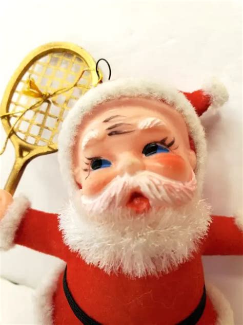 VINTAGE CHRISTMAS ORNAMENT Dancing Santa w Tennis Racket 4" Red Flocked Plastic $11.04 - PicClick