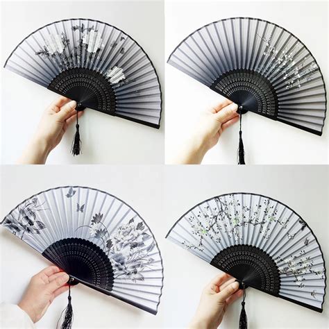 1pcs Vintage Chinese Spun Silk Flower Printing Hand Fan Folding Hollow Carved Hand Fan Event ...