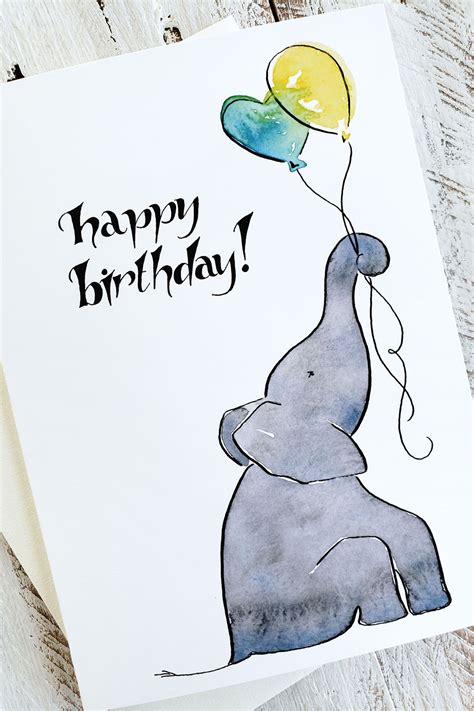 Watercolor Elephant Holding Balloons Birthday Greeting Card - The Painted Pen