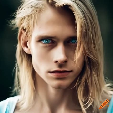 Long haired blond man pale blue large eyes, pale skin, some freakles over the nose pointy ...
