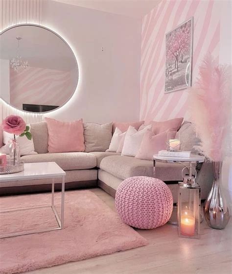 a living room filled with furniture and a round mirror