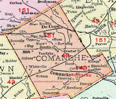 Comanche County, Texas, 1911, Map, Comanche City, De Leon, Gustine, Proctor, Sidney, Vandyke ...