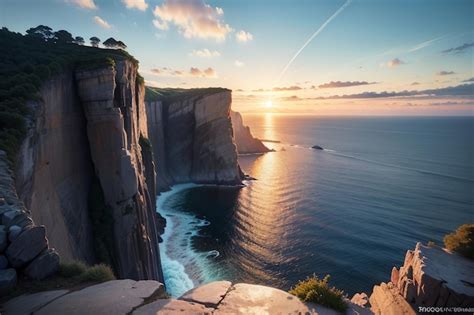 Premium AI Image | A sunset over the ocean with a cliff in the background