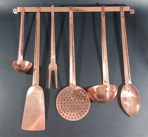 Vintage Copper Kitchen Utensil 7 Piece Set Including Wall Hanging Bar ...