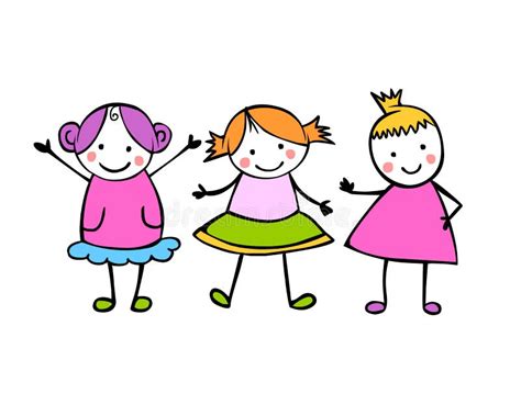 Three Girls. Friends. People in the Children`s Style Stock Vector - Illustration of line ...