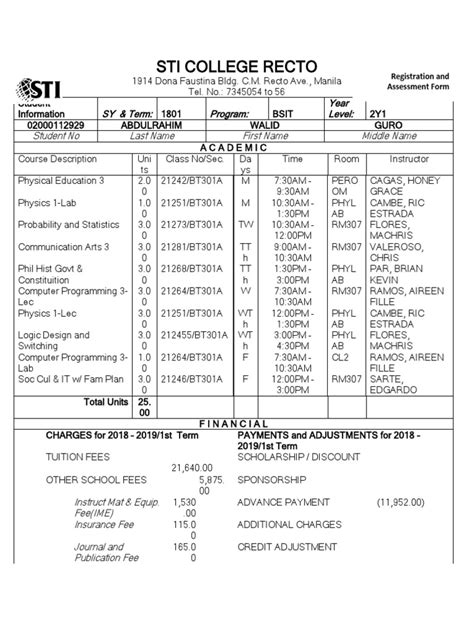 Sti College Recto: Registration and Assessment Form | Fee | Tuition ...