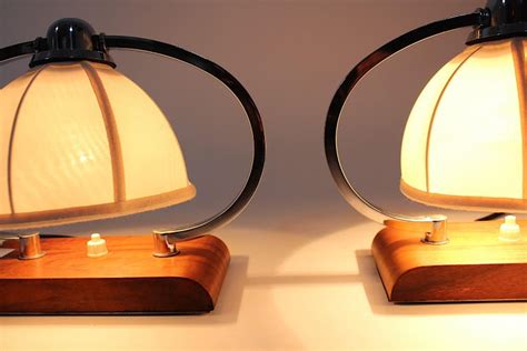 Art Deco Vintage Pair of Bedside Lamps Table Lamps Walnut Chromed Metal c 1925 For Sale at 1stDibs