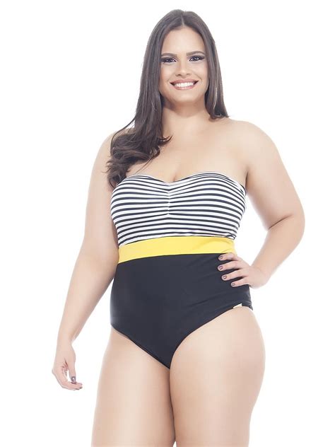 Plus Size One-piece Swimsuit With Striped Bandeau Style Upper - Maio 3 Cores