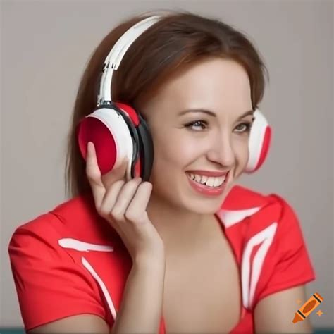 Young woman with headphones, microphone, and ferrari clothing
