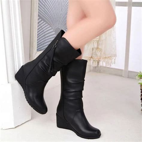 Women Boots Wedge Mid Calf Fashion Design Leather Boots - AGODEAL | Zapatos elegantes mujer ...