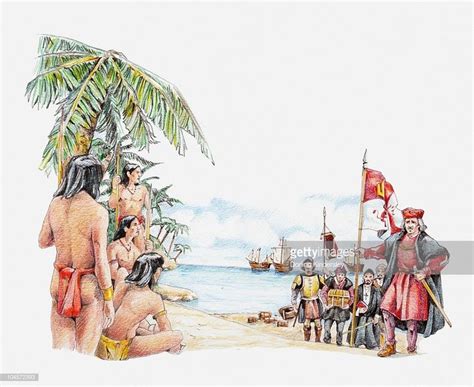 Illustration of Carib and Arawak people greeting Christopher Columbus... в 2020 г.