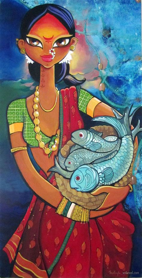 Indian Painting Woman Fish By Nilouferwadia