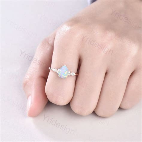 Sale !!! Pear Shaped Opal Ring Rose Gold Unique Cluster Diamond Opal E – PENFINE