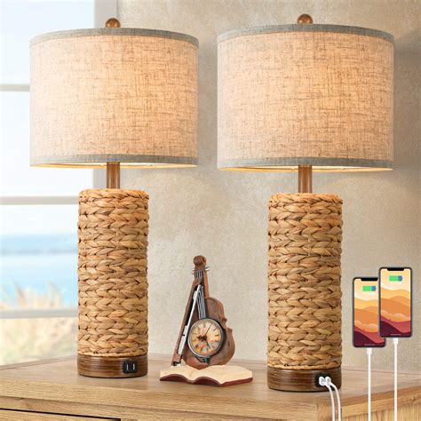 Set of 2 Rattan Table Lamps for Living Room with 2 USB Ports, 27In Tall Bedroom Lamp Costal ...
