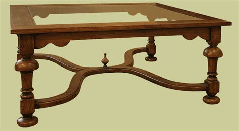 Large Square Glass Top Crinoline Stretcher Oak Coffee Table