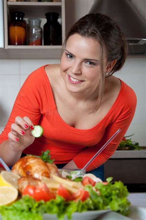 Beautiful Young Woman in Modern Kitchen Stock Image - Image of casual, dinner: 26877307
