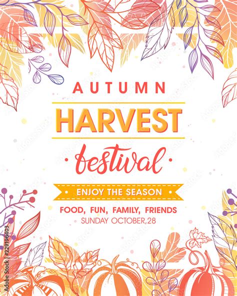 Autumn harvest festival poster with harvest symbols, leaves and floral ...