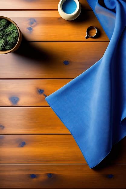 Premium AI Image | blue tablecloth on wooden table top view