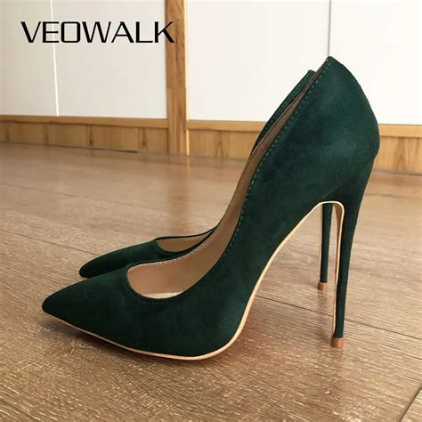 Veowalk Dark Green Flock Women Stilettos High Heels Elegant Ladies ...