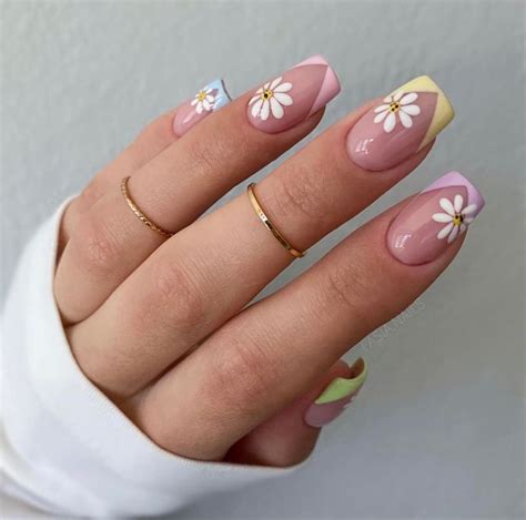 Multi color short acrylic nail french tip daisy nail art design summer spring 2021 | Gel nails ...