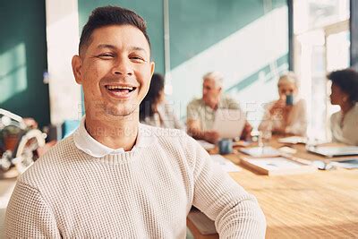 Business man, face and leadership in meeting, conference room with ...