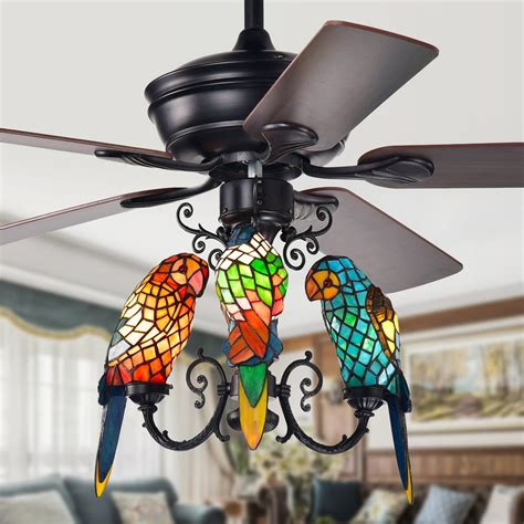 Korubo 3-light 52-inch Lighted Ceiling Fan Tiffany Style Parrot Shades (remote controlled ...