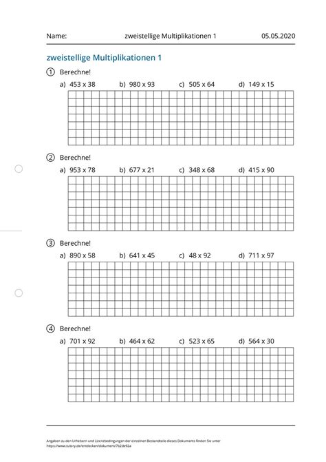 Arbeitsblatt - zweistellige Multiplikationen 1 - tutory.de