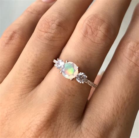 Genuine Opal Promise Ring For Her- Fiery Opal Three Stone Anniversary ...