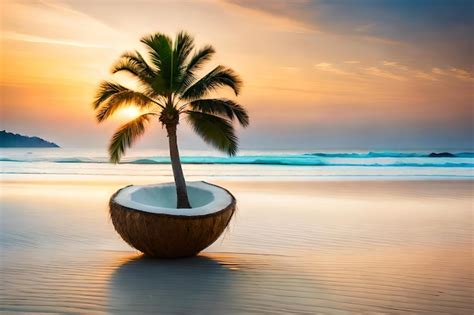 Premium Photo | A coconut tree on a beach at sunset