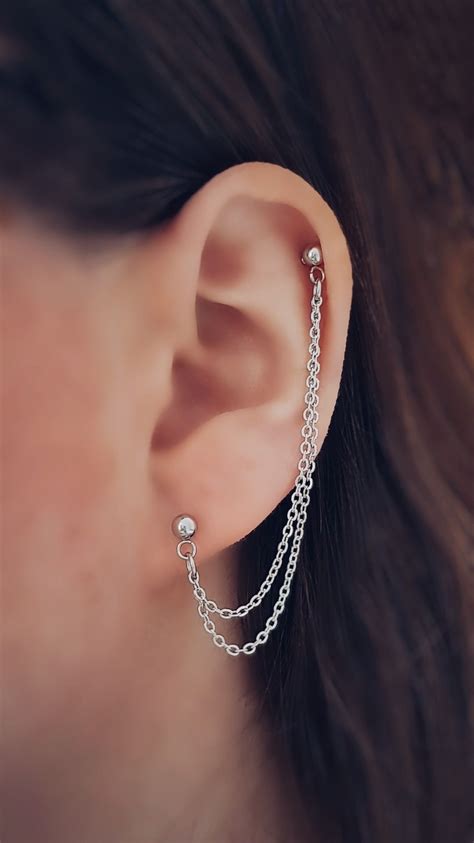 Helix Cartilage to Lobe Earring Stainless Steel Double Chain - Etsy UK | Emerald earrings studs ...