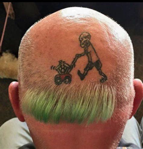 Lawn Mower Tattoo On Bald Head