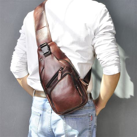 Men Original Crazy horse Leather Casual Fashion Crossbody Chest Sling Bag Design Travel One ...