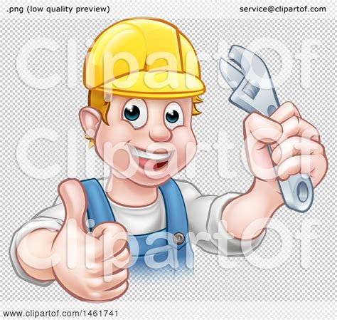 Clipart of a Cartoon Happy White Male Plumber Wearing a Hard Hat, Holding an Adjustable Wrench ...