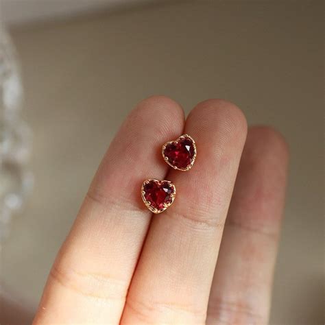 Ruby Heart Stud Earrings Heart Earrings Ruby Earrings - Etsy