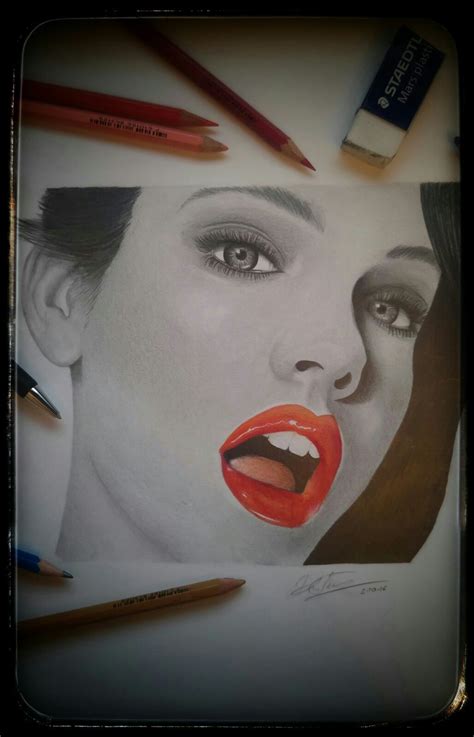 Red Lips Girl Pencil Portrait Pencil Portrait, Red Lips, Drawings ...