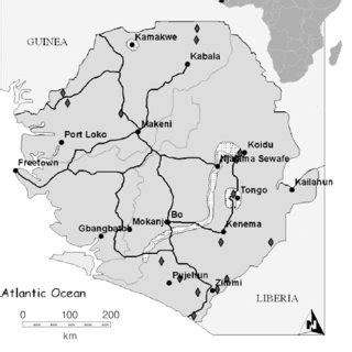 Map of Sierra Leone and locations of known diamond deposits (source:... | Download Scientific ...