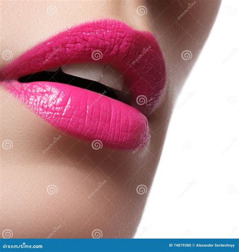 Close-up of Woman`s Lips with Bright Fashion Pink Glossy Makeup Stock ...