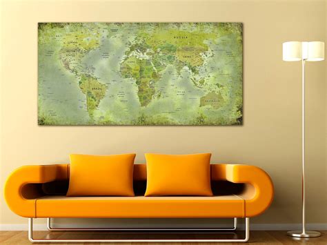 Green World Map Canvas World Map Decor World Map Push Pin | Etsy