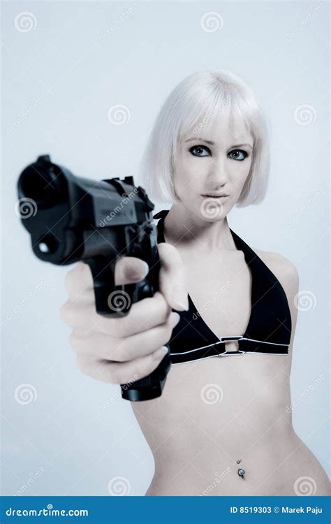 Woman pointing hand gun stock image. Image of close, female - 8519303