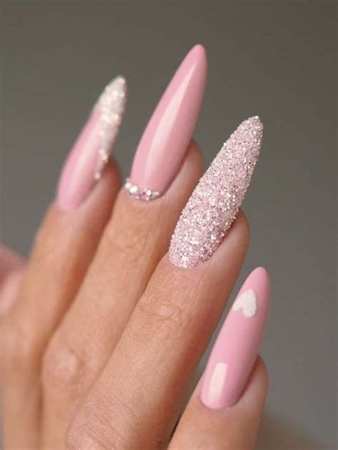 pink and glitter nails with hearts | Long nails, Gel nails, Oval nails