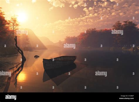 a boat on a river during the sunset Stock Photo - Alamy