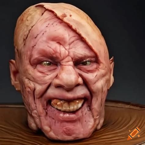 Sculpture of a hyper-realistic face made from baked ham on Craiyon